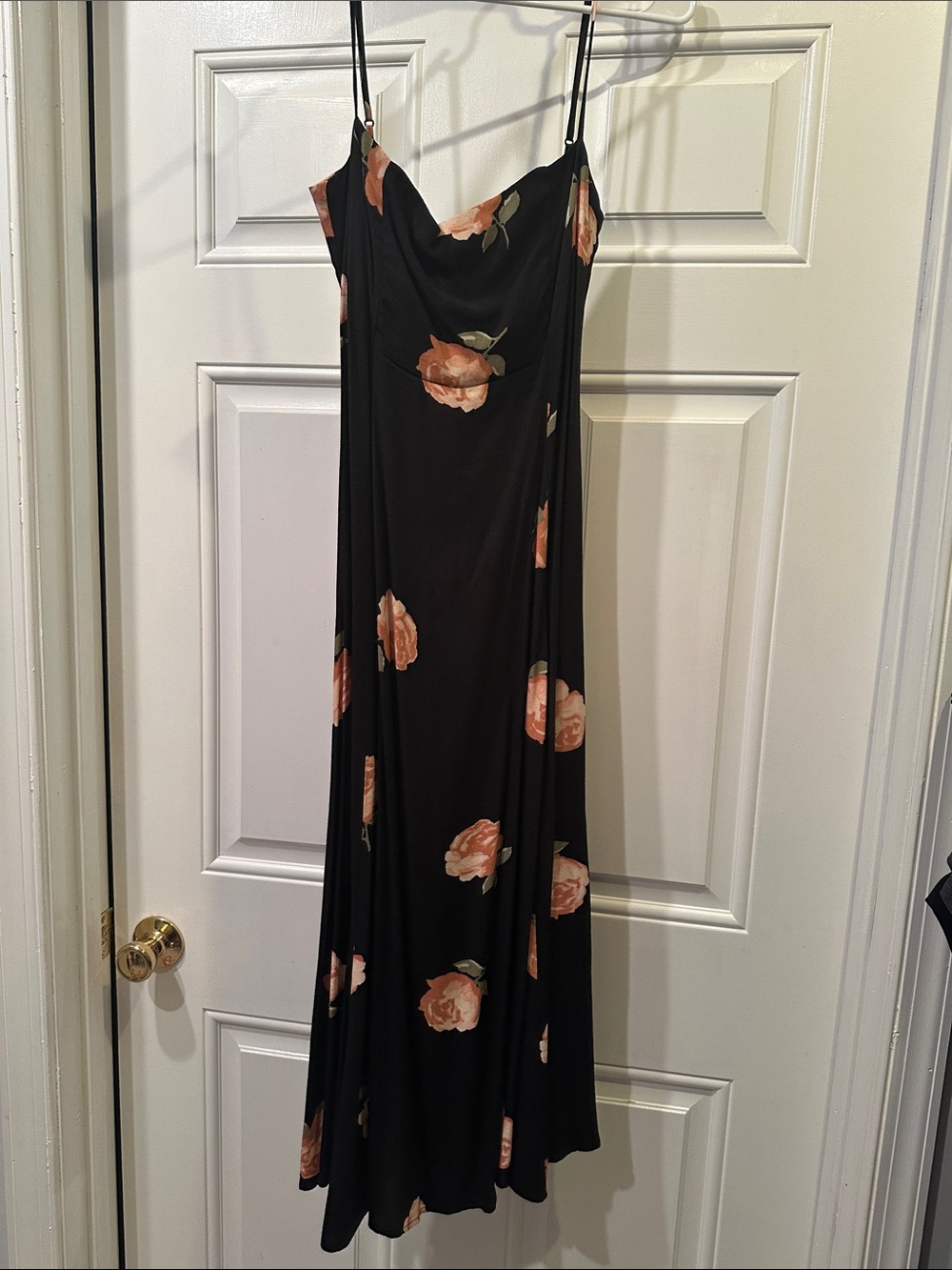 Reformation Black Maxi Slip Dress with Peach Rose Print